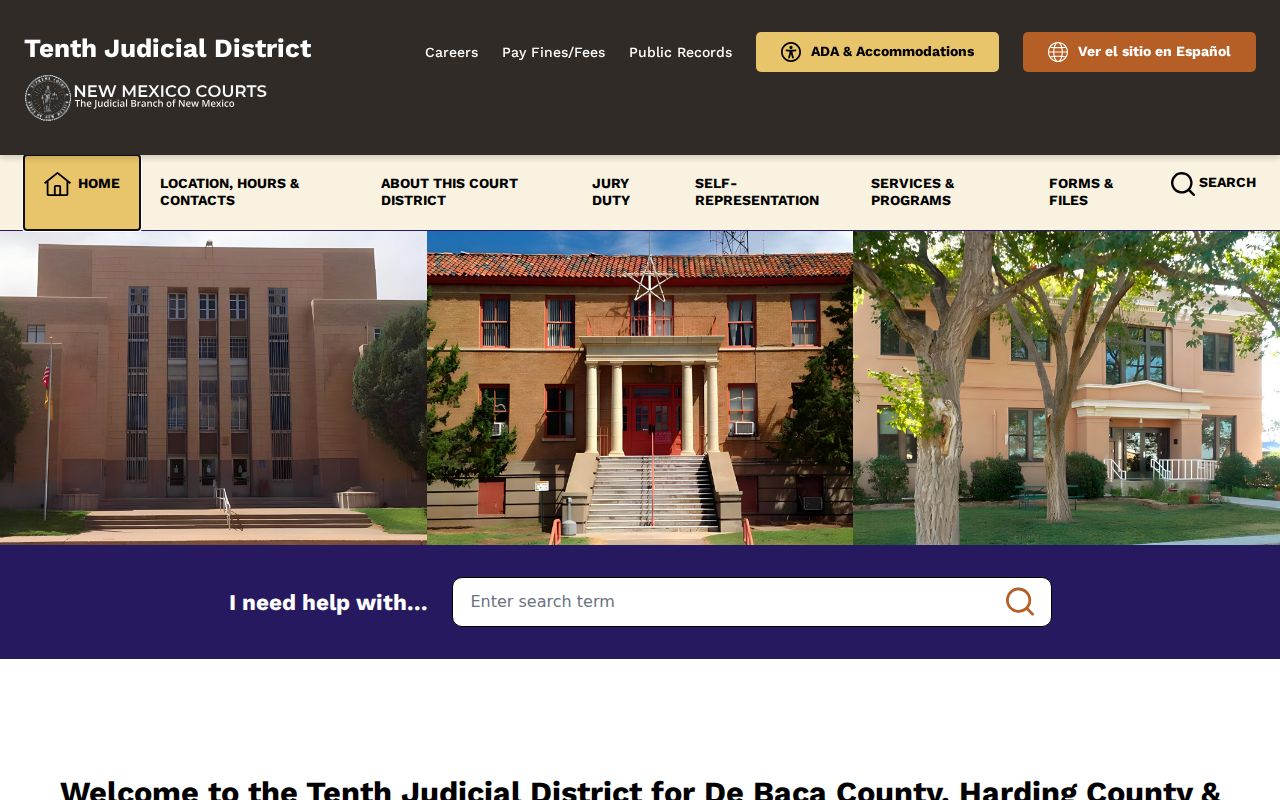 Tenth Judicial District home page for De Baca court case search routing