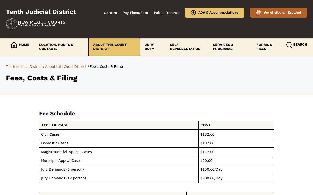 De Baca County civil docket filing-fee information from the Tenth Judicial District