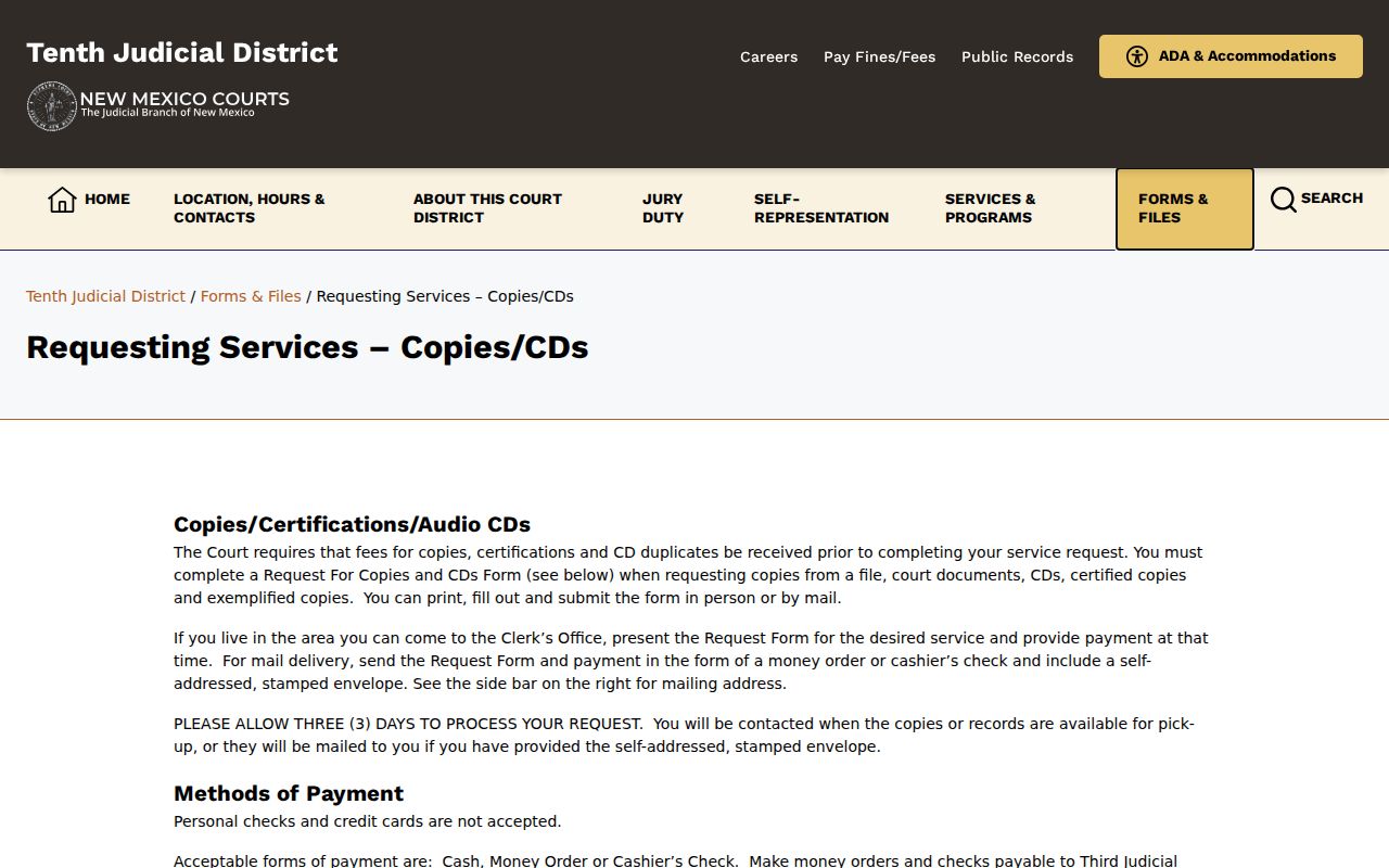 De Baca County civil docket copy and CD service information from the Tenth Judicial District