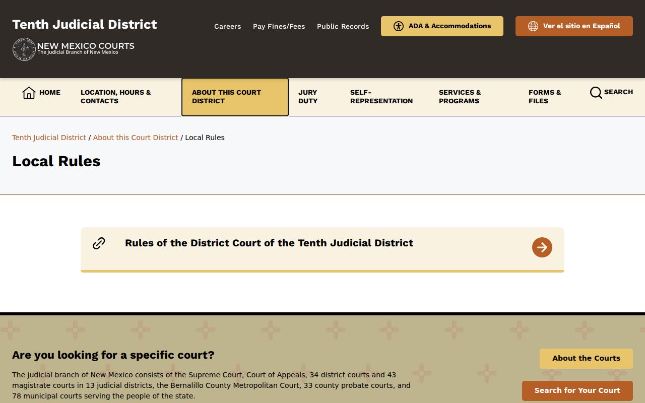 Tenth Judicial District local rules page relevant to De Baca court calendar procedures