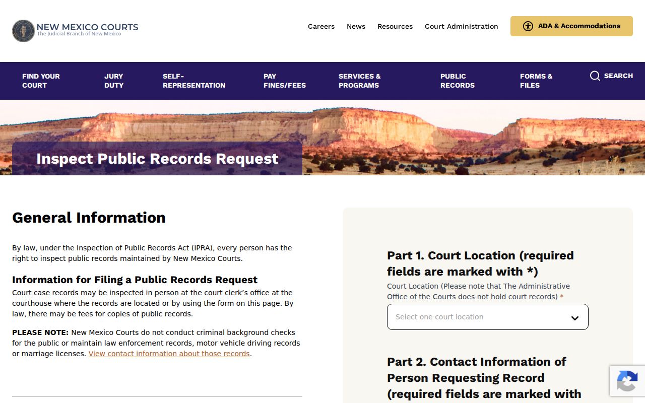 New Mexico Judiciary IPRA portal for routing a De Baca court records request