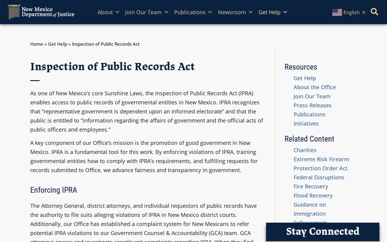 New Mexico Department of Justice IPRA information relevant to De Baca court record requests