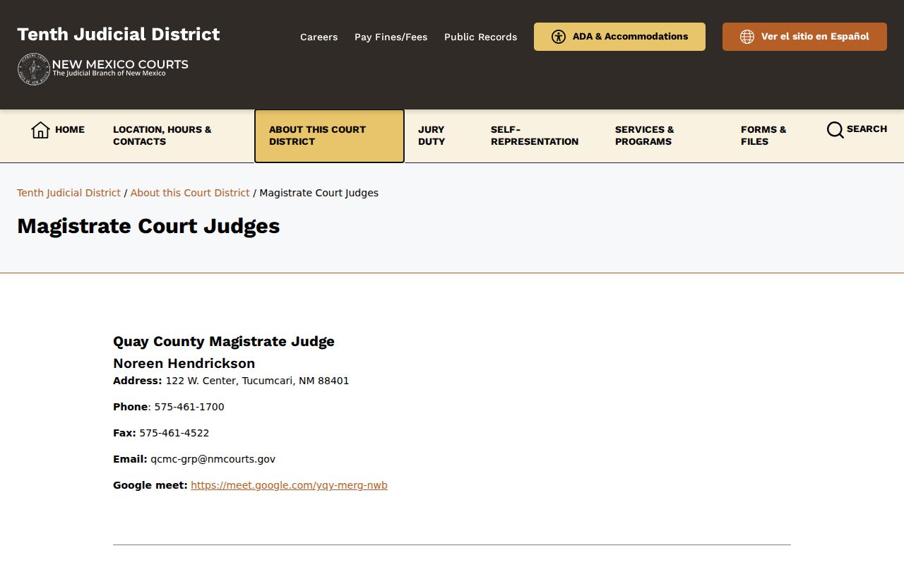 Tenth Judicial District magistrate judges page for De Baca magistrate court records routing