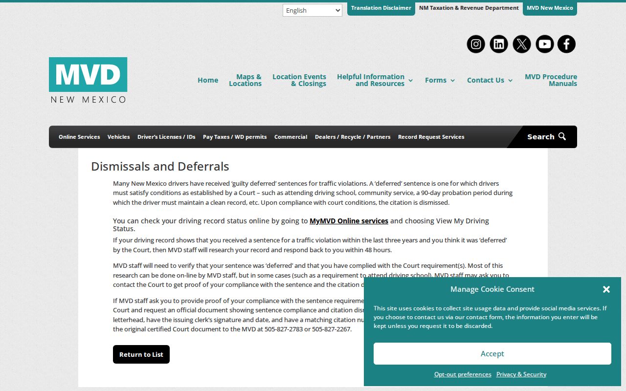 De Baca County traffic court record compliance document information from New Mexico MVD